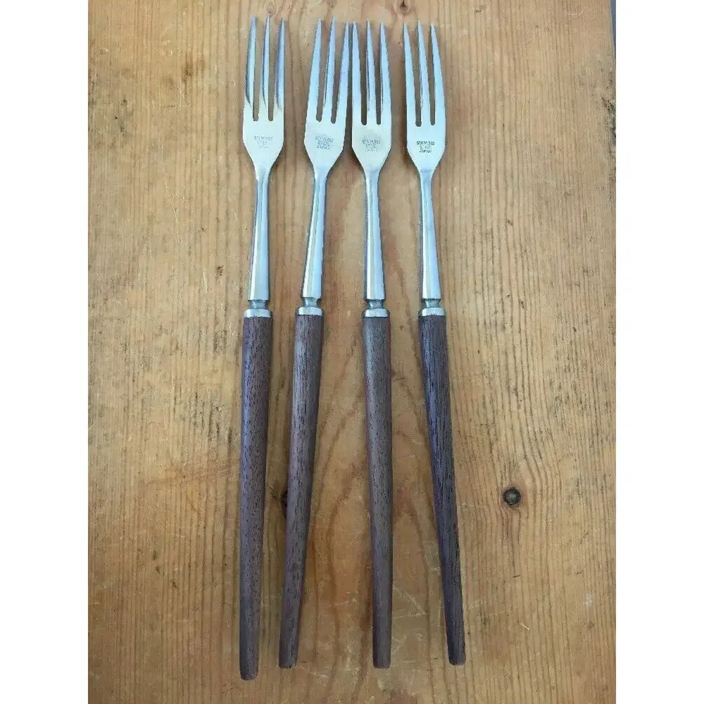 Set 4 Vtg Mid Century Canoe Muffin Japanese Stainless Teak 3 Prong Fondue Forks